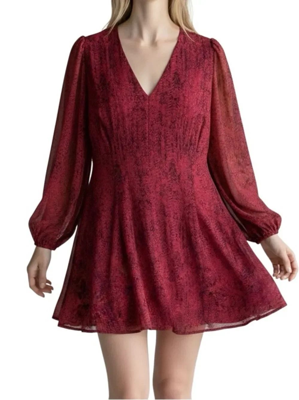 Banana Republic Red Printed Dress Size 12 Long Sleeve V-Neck